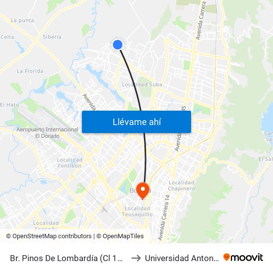 Br. Pinos De Lombardía (Cl 152b - Kr 114a) to Universidad Antonio Nariño map