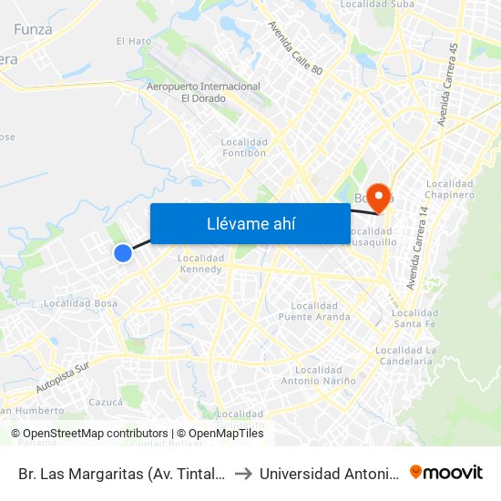 Br. Las Margaritas (Av. Tintal - Cl 49 Sur) to Universidad Antonio Nariño map