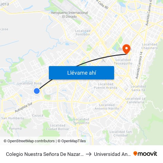 Colegio Nuestra Señora De Nazareth (Kr 80c - Cl 65d Sur) to Universidad Antonio Nariño map