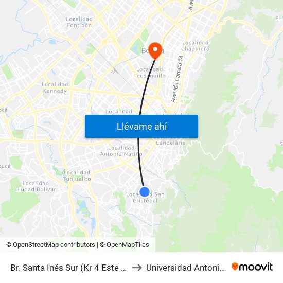 Br. Santa Inés Sur (Kr 4 Este - Cl 29 Sur) to Universidad Antonio Nariño map