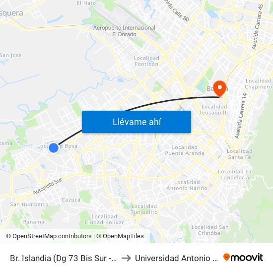 Br. Islandia (Dg 73 Bis Sur - Kr 83a) to Universidad Antonio Nariño map