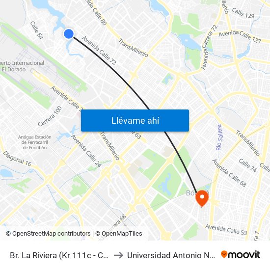 Br. La Riviera (Kr 111c - Cl 70f) to Universidad Antonio Nariño map