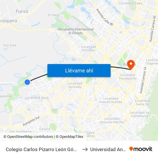 Colegio Carlos Pizarro León Gómez (Cl 73 Sur - Kr 103) to Universidad Antonio Nariño map