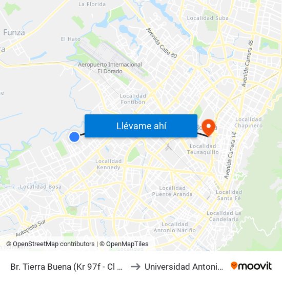 Br. Tierra Buena (Kr 97f - Cl 34 Bis Sur) to Universidad Antonio Nariño map