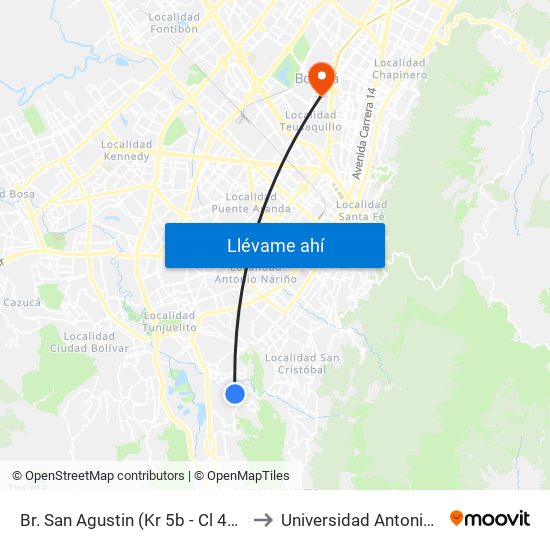 Br. San Agustin (Kr 5b - Cl 48z Bis Sur) to Universidad Antonio Nariño map