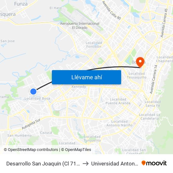 Desarrollo San Joaquín (Cl 71 Sur - Kr 88f) to Universidad Antonio Nariño map