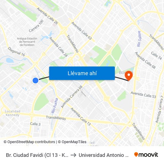 Br. Ciudad Favidi (Cl 13 - Kr 79a) to Universidad Antonio Nariño map
