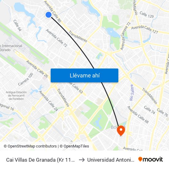 Cai Villas De Granada (Kr 112a - Cl 77c) to Universidad Antonio Nariño map