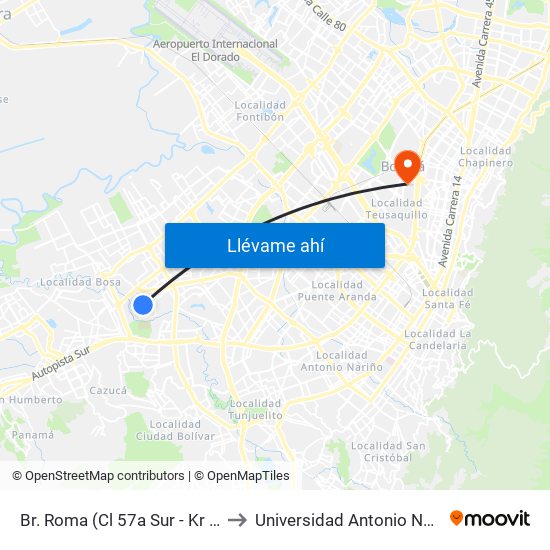Br. Roma (Cl 57a Sur - Kr 78f) to Universidad Antonio Nariño map