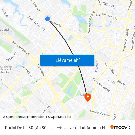 Portal De La 80 (Ac 80 - Kr 96) to Universidad Antonio Nariño map