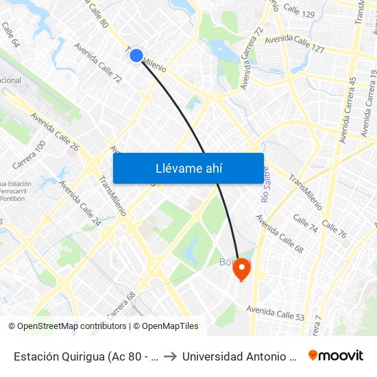 Estación Quirigua (Ac 80 - Kr 94) to Universidad Antonio Nariño map