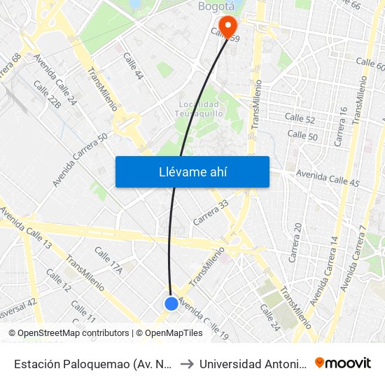 Estación Paloquemao (Av. NQS - Cl 17a) to Universidad Antonio Nariño map