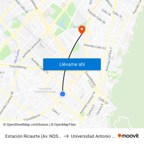 Estación Ricaurte (Av. NQS - Cl 10) to Universidad Antonio Nariño map
