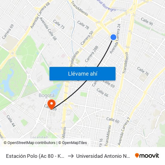 Estación Polo (Ac 80 - Kr 27) to Universidad Antonio Nariño map