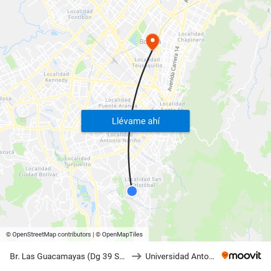 Br. Las Guacamayas (Dg 39 Sur - Kr 1d Este) to Universidad Antonio Nariño map