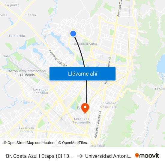 Br. Costa Azul I Etapa (Cl 139 - Kr 102a) to Universidad Antonio Nariño map