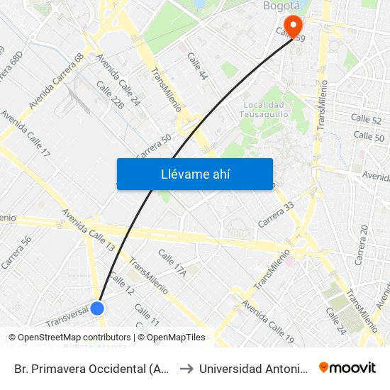 Br. Primavera Occidental (Ac 6 - Kr 41) to Universidad Antonio Nariño map