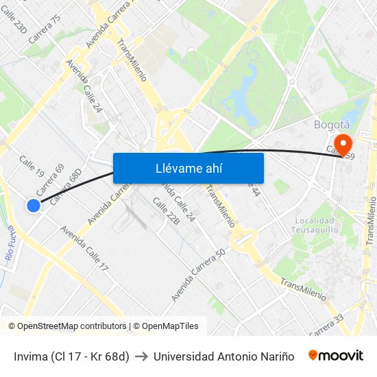 Invima (Cl 17 - Kr 68d) to Universidad Antonio Nariño map