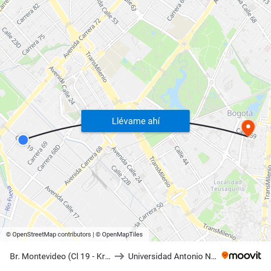 Br. Montevideo (Cl 19 - Kr 69b) to Universidad Antonio Nariño map