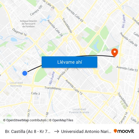 Br. Castilla (Ac 8 - Kr 78c) to Universidad Antonio Nariño map