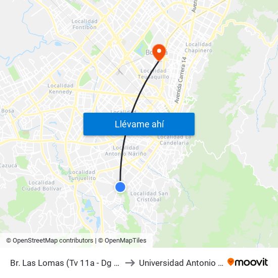 Br. Las Lomas (Tv 11a - Dg 38g Sur) to Universidad Antonio Nariño map