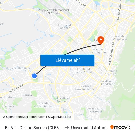 Br. Villa De Los Sauces (Cl 58 Sur - Kr 78b) to Universidad Antonio Nariño map