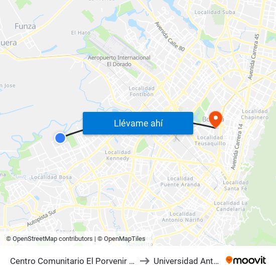 Centro Comunitario El Porvenir (Cl 52 Sur - Kr 100) to Universidad Antonio Nariño map