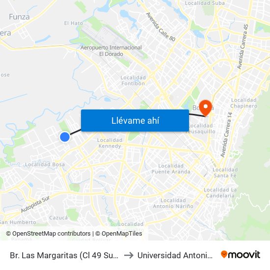 Br. Las Margaritas (Cl 49 Sur - Kr 90a) to Universidad Antonio Nariño map