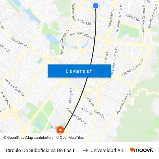 Círculo De Suboficiales De Las FF.MM. (Ac 138 - Kr 56) to Universidad Antonio Nariño map