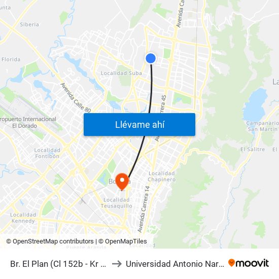 Br. El Plan (Cl 152b - Kr 58) to Universidad Antonio Nariño map