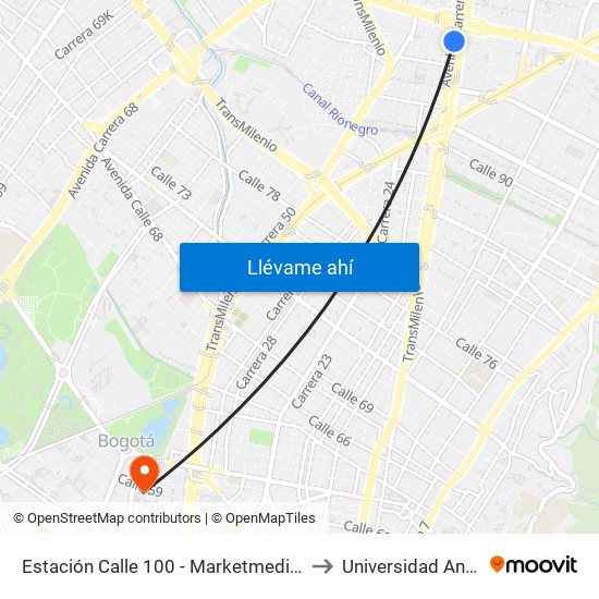 Estación Calle 100 - Marketmedios (Auto Norte - Cl 95) to Universidad Antonio Nariño map