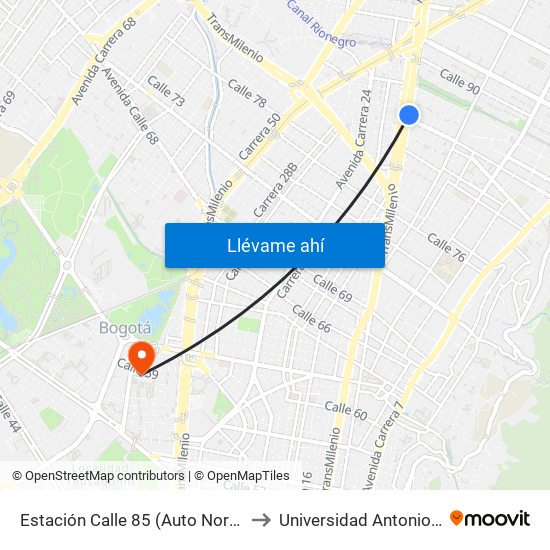 Estación Calle 85 (Auto Norte - Cl 85) to Universidad Antonio Nariño map