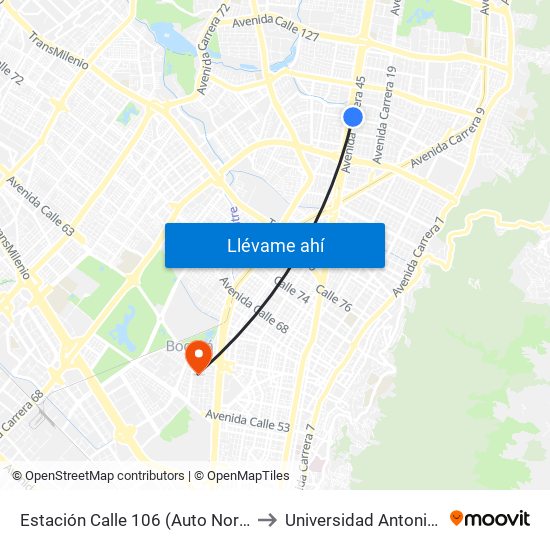 Estación Calle 106 (Auto Norte - Cl 105) to Universidad Antonio Nariño map