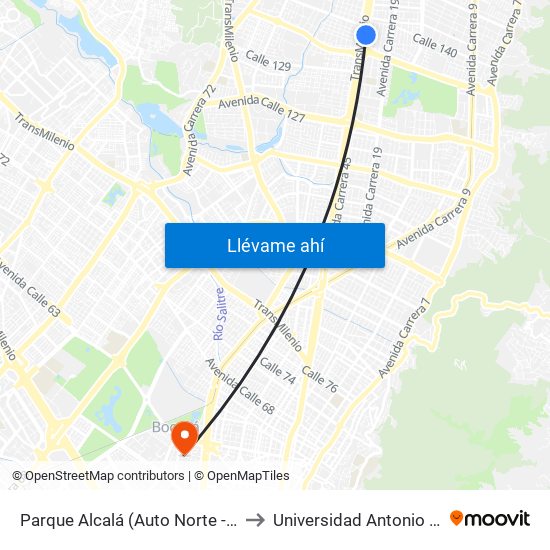 Parque Alcalá (Auto Norte - Cl 136) to Universidad Antonio Nariño map