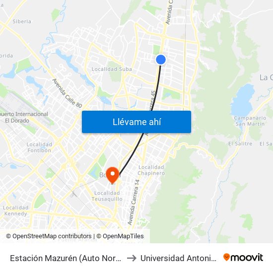 Estación Mazurén (Auto Norte - Cl 152) to Universidad Antonio Nariño map