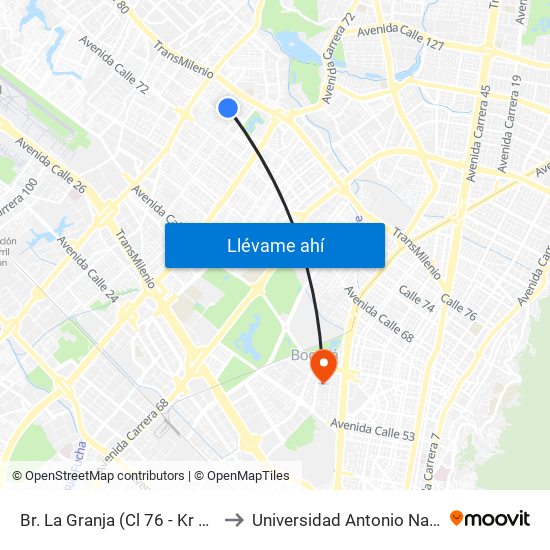 Br. La Granja (Cl 76 - Kr 78a) to Universidad Antonio Nariño map