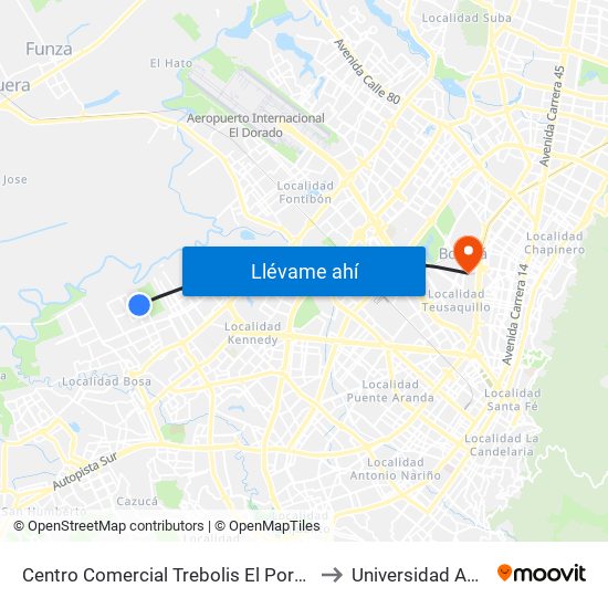 Centro Comercial Trebolis El Porvenir (Kr 95a - Cl 49c Sur) to Universidad Antonio Nariño map