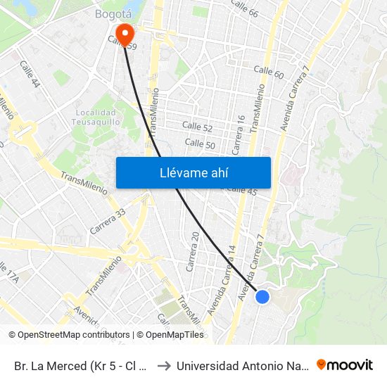 Br. La Merced (Kr 5 - Cl 33a) to Universidad Antonio Nariño map