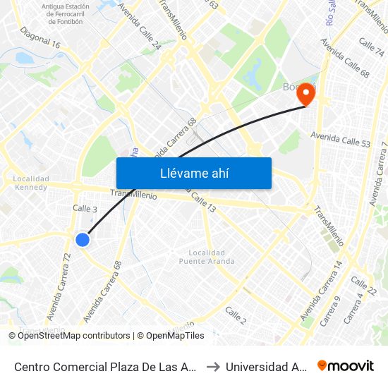 Centro Comercial Plaza De Las Américas (Cl 8 Sur - Kr 71a) to Universidad Antonio Nariño map