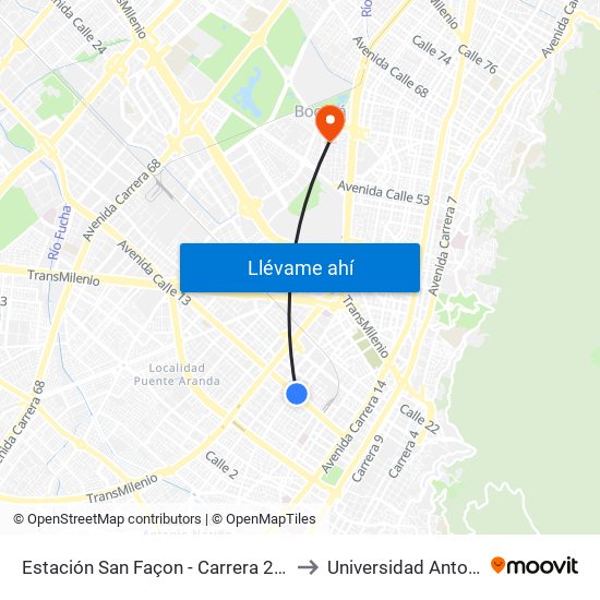 Estación San Façon - Carrera 22 (Ac 13 - Tv 22) to Universidad Antonio Nariño map