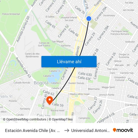 Estación Avenida Chile (Av. NQS - Cl 70) to Universidad Antonio Nariño map