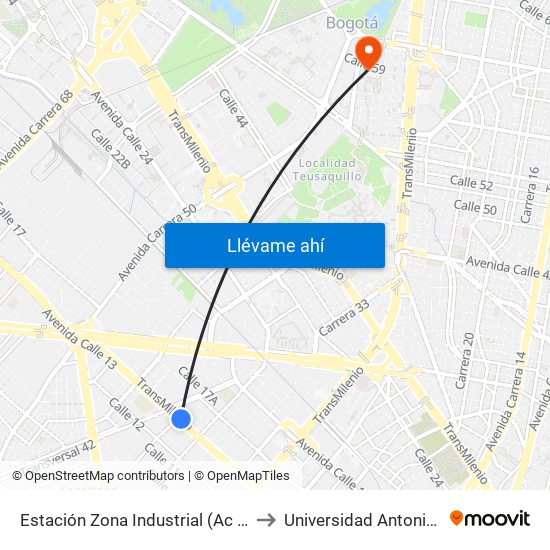 Estación Zona Industrial (Ac 13 - Kr 38) to Universidad Antonio Nariño map