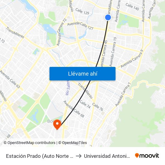 Estación Prado (Auto Norte - Cl 128a) to Universidad Antonio Nariño map