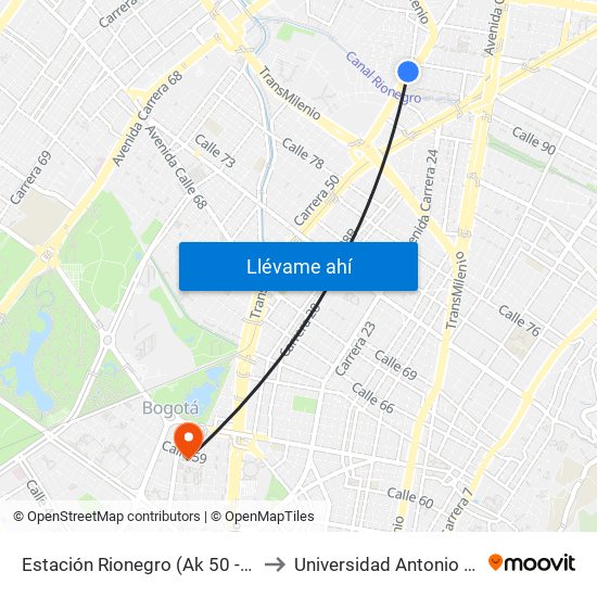 Estación Rionegro (Ak 50 - Cl 91a) to Universidad Antonio Nariño map