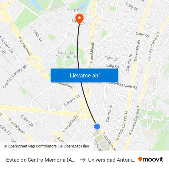 Estación Centro Memoria (Ac 26 - Kr 25) to Universidad Antonio Nariño map