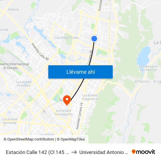 Estación Calle 142 (Cl 145 - Kr 21) to Universidad Antonio Nariño map