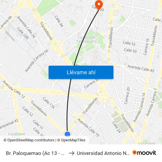 Br. Paloquemao (Ac 13 - Kr 29) to Universidad Antonio Nariño map