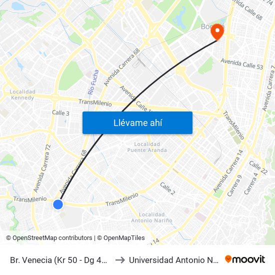 Br. Venecia (Kr 50 - Dg 45 Sur) to Universidad Antonio Nariño map