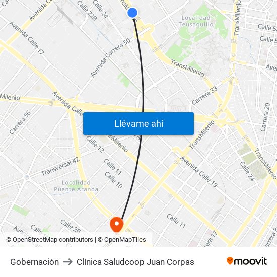 Gobernación to Clínica Saludcoop Juan Corpas map