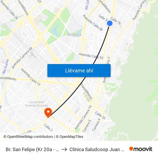 Br. San Felipe (Kr 20a - Cl 74) to Clínica Saludcoop Juan Corpas map